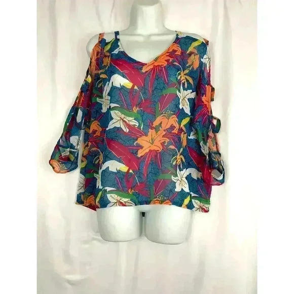 EUC Sheer Floral Top, Cutout Sleeves, Size Large #105 - Picture 10 of 15